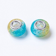 Two Tone Resin European Beads, with Silver Plated Brass Single Core, Rondelle, Deep Sky Blue, 14x8.5mm, Hole: 5mm(RPDL-K002-C06)