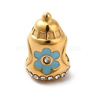 Ion Plating(IP) 304 Stainless Steel Enamel European Beads, with Rhinestone, Large Hole Beads, Feeding Bottle with Flower Pattern, Golden, 13.5x9mm, Hole: 4.5mm(STAS-G308-24G)