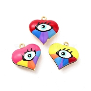 Brass Enamel Charms, Real 18K Gold Plated, Long-Lasting Plated, Heart with Evil Eye, Mixed Color, 17x16.5x7mm, Hole: 1.2mm(KK-P222-08G)