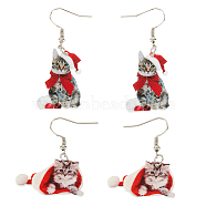 ANATTASOUL 2 Pairs 2 Style Christmas Hat with Cat Acrylic Dangle Earrings, Platinum Plated Iron Jewelry for Women, Red, 48~53mm, Pin: 0.6mm, 1 Pair/style(EJEW-AN0002-37)