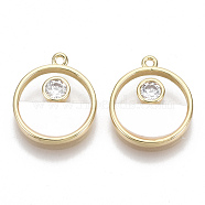 Brass Micro Pave Clear Cubic Zirconia Charms, with Natural Shell, Flat Round, Real 18K Gold Plated, Nickel Free, Seashell Color, 15x13x2mm, Hole: 1mm(KK-S356-099-NF)