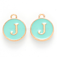 Golden Plated Alloy Enamel Charms, Cadmium Free & Lead Free, Enamelled Sequins, Flat Round with Letter, Turquoise, Letter.J, 14x12x2mm, Hole: 1.5mm(X-ENAM-S118-05J)