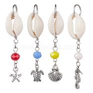 Natural Cowrie Shell Pendant Decorations, with Glass Beads and Tibetan Style Alloy Charms, Starfish/Shell/Sea Horse/Turtle, Mixed Color, 65~73mm(HJEW-JM01777)