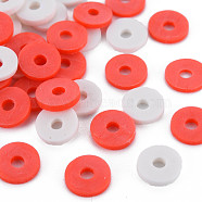 2 Colors Handmade Polymer Clay Beads, Heishi Beads, Disc/Flat Round, Red & White, 8x0.5~1.5mm, Hole: 2mm, about 11500pcs/1000g(CLAY-N011-032-26)