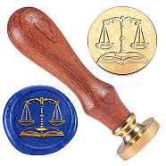 Golden Plated Brass Sealing Wax Stamp Head, with Wood Handle, for Envelopes Invitations, Gift Cards, Libra, 83x22mm, Head: 7.5mm, Stamps: 25x14.5mm(AJEW-WH0208-946)