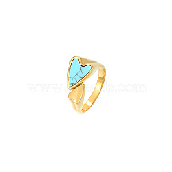 Synthetic Turquoise Heart Open Cuff Ring, Real 18K Gold Plated Titanium Steel Ring, Turquoise, 20.4mm(YN9721-1)