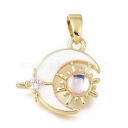 Brass Micro Pave Clear Cubic Zirconia Pendants, with White Enamel & Resin, Moon with Sun Charms, Rack Plating, Long-Lasting Plated, Cadmium Free & Lead Free, Golden, 16x15.5x4mm, Hole: 5x2.5mm(KK-C263-02G)