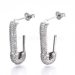 Brass Micro Pave Clear Cubic Zirconia Half Hoop Earrings, Stud Earrings, with Ear Nuts, Nickel Free, Safety Pin Shape, Platinum, 24.5x5mm, Pin: 0.8mm(EJEW-T046-19P-NF)