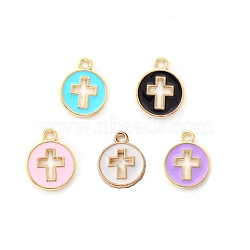 Light Gold Plated Alloy Enamel Pendants, Flat Round with Cross, Mixed Color, 15x12x1.5mm, Hole: 1.6mm(ENAM-R136-18)