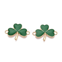 Rack Plating Alloy Green Enamel Shamrock Connector Charms, Saint Patrick's Day Clover Links, Golden, 16x22.5x1.5mm, Hole: 1.8mm(ENAM-N056-354G)