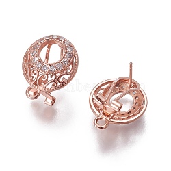 Brass Micro Pave Cubic Zirconia Stud Earring Findings, French Clip Earrings, with Loop, Flat Round, Rose Gold, 18.5x15x11.5mm, Hole: 2mm, Pin: 0.7mm(KK-O121-21RG)
