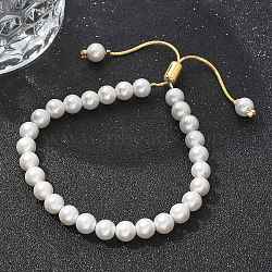 Shell Pearl Beaded Slider Bracelet with Brass Snake Chain, Lead Free & Cadmium Free, Real 18K Gold Plated, Beads: 6mm, Inner Diameter: 1-3/4~2-5/8 inch(4.35~6.65cm)(BJEW-B066-01B-01)