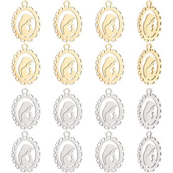 HOBBIESAY 16Pcs 2 Colors Titanium Steel Pendants, Oval with Virgin Mary, Golden & Stainless Steel Color, 17.5x13.5x0.8mm, Hole: 1.5mm, 8pcs/color