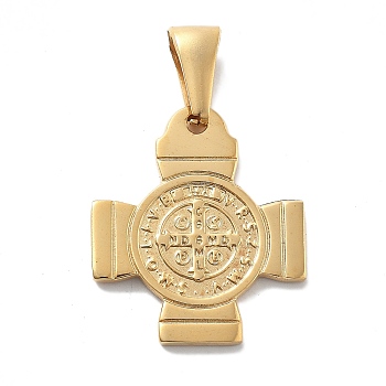 Religion Ion Plating(IP) 304 Stainless Steel Pendants, Cross with Cssml Ndsmd Cross God Father Religious Christianity Charm, Real 14K Gold Plated, 26x22x2mm, Hole: 8x3mm