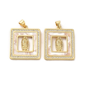 Rack Plating Brass Micro Pave Clear Cubic Zirconia Pendants, with Shell, Long-Lasting Plated, Cadmium Free & Lead Free, Square with Human, Real 18K Gold Plated, 27x22x2mm, Hole: 3.4x4.4mm