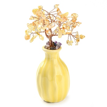 Natural Citrine Chips Money Tree Decorations, Porcelain Vase Base with Copper Wire Feng Shui Energy Stone Gift for Home Office Desktop Decoration, 48~62x140mm