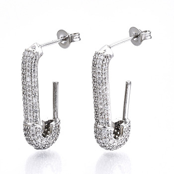 Brass Micro Pave Clear Cubic Zirconia Half Hoop Earrings, Stud Earrings, with Ear Nuts, Nickel Free, Safety Pin Shape, Platinum, 24.5x5mm, Pin: 0.8mm
