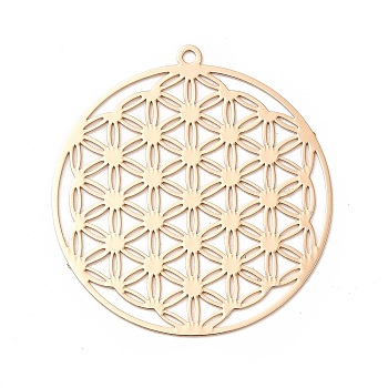 Rack Plating Brass Filigree Pendants, Long-Lasting Plated, Flat Round with Flower, Light Gold, 32x30x0.3mm, Hole: 1.2mm
