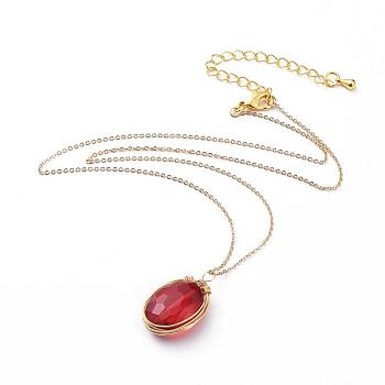 Glass Pendant Necklaces, with Copper Wire, Brass Cable Chains, Chain Extender and Lobster Claw Clasp, with Cardboard Packing Box, Oval, Red, 15.3 inch(39cm)