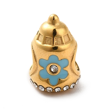 Ion Plating(IP) 304 Stainless Steel Enamel European Beads, with Rhinestone, Large Hole Beads, Feeding Bottle with Flower Pattern, Golden, 13.5x9mm, Hole: 4.5mm