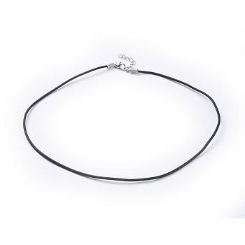 Jewelry Necklace Cord, PVC Cord, Black, Platinum Color Iron Clasp and adjustable chain, about 2mm thick, 16 inch