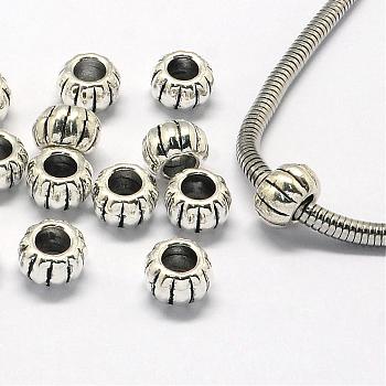 Alloy European Beads, Large Hole Beads, Pumpkin/Rondelle, Antique Silver, 9x6mm, Hole: 4mm