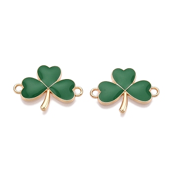 Rack Plating Alloy Green Enamel Shamrock Connector Charms, Saint Patrick's Day Clover Links, Golden, 16x22.5x1.5mm, Hole: 1.8mm