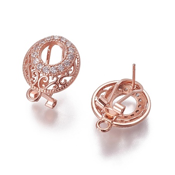 Brass Micro Pave Cubic Zirconia Stud Earring Findings, French Clip Earrings, with Loop, Flat Round, Rose Gold, 18.5x15x11.5mm, Hole: 2mm, Pin: 0.7mm