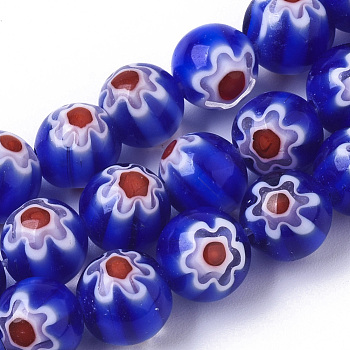 Handmade Millefiori Lampwork Beads Strands, Round, Blue, 8mm, Hole: 1.2mm, about 48pcs/strand, 14.17 inch(36cm)