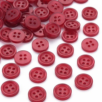 4-Hole Resin Buttons, Pearlized, Flat Round, FireBrick, 10x2mm, Hole: 1.5mm