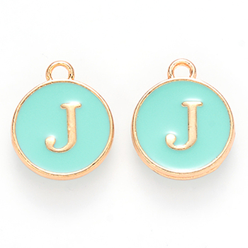 Golden Plated Alloy Enamel Charms, Cadmium Free & Lead Free, Enamelled Sequins, Flat Round with Letter, Turquoise, Letter.J, 14x12x2mm, Hole: 1.5mm