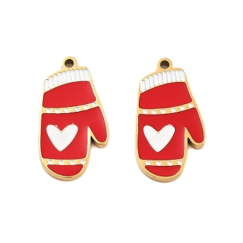 Ion Plating(IP) 304 Stainless Steel Pendants, Christmas Theme Enamel Charms, Golden, Glove, 16.5x8.5x1.5mm, Hole: 1mm