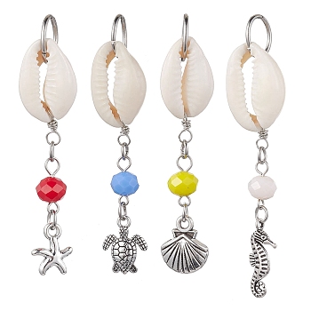 Natural Cowrie Shell Pendant Decorations, with Glass Beads and Tibetan Style Alloy Charms, Starfish/Shell/Sea Horse/Turtle, Mixed Color, 65~73mm