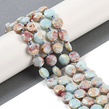 Natural Shoushan Stone Beads Strands, Faceted Pentagonal Cut, Flat Round, with Seed Beads, 10~10.5x5~6mm, Hole: 1mm, about 32~33pcs/strand, 15.75''(40cm)