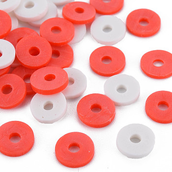 2 Colors Handmade Polymer Clay Beads, Heishi Beads, Disc/Flat Round, Red & White, 8x0.5~1.5mm, Hole: 2mm, about 11500pcs/1000g