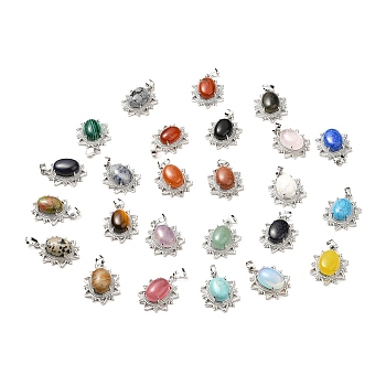 Natural & Synthetic Mixed Gemstone Pendants, Flower Charms, with Platinum Tone Brass Findings, Cadmium Free & Lead Free, Mixed Dyed and Undyed, 32x23x9.5~10.5mm, Hole: 7x5mm