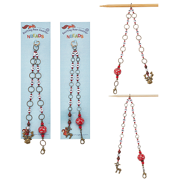 Alloy Christmas Reindeer Pendant Knitting Row Counter Chains, Natural Wood & Howlite & Sesame Jasper Beaded Counter Chains, Fits for Needles Up To 10mm, Red, 3.7~4cm, 2 style, 1pc/style, 2pcs/set