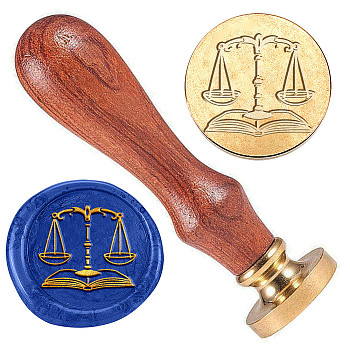 Golden Plated Brass Sealing Wax Stamp Head, with Wood Handle, for Envelopes Invitations, Gift Cards, Libra, 83x22mm, Head: 7.5mm, Stamps: 25x14.5mm