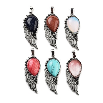 Synthetic Mixed Stone Big Pendants, Wing Charms with Alloy Findings, Antique Silver, 56.5~57x22.5~23x7~8mm, Hole: 4x8.5mm