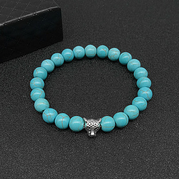 Synthetic Turquoise Stretch Bracelets for Women Men, with Tibetan Style Animals Alloy Beads, Leopard, No Size