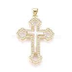 Brass Micro Pave Clear Cubic Zirconia Pendants, with Shell, Cross Charms, Golden, 39x27x3mm, Hole: 4.5x3.5mm(KK-N268-89G)