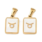 Constellations Natural White Shell Pendants, Ion Plating(IP) 304 Stainless Steel Rectangle Charms, Real 18K Gold Plated, Taurus, 16x10.5x1.5mm, Hole: 5x3mm(STAS-M338-01B-G)