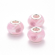 Handmade Lampwork European Beads, Large Hole Rondelle Beads, with Platinum Tone Brass Double Cores, Pink, 14~15x9~10mm, Hole: 5mm(LPDL-N001-025)