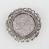 Tibetan Style Alloy Brooch Cabochon Settings, Cadmium Free & Lead Free, with Iron Pin Brooch Back Bar Findings, Flat Round, Antique Silver, Tray: 25mm, 39x2mm, Pin: 0.6mm(PALLOY-N0085-70AS)