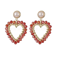 Wrapped Glass Beaded Dangle Stud Earrings, Heart Brass ABS Plastic Imitation Pearl Earring for Women, Golden, 41.5mm, Pin: 0.9mm(EJEW-TA00205)