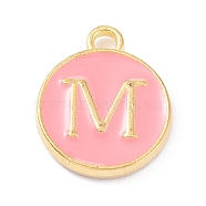 Golden Plated Alloy Enamel Charms, Enamelled Sequins, Flat Round with Alphabet, Letter.M, Pink, 14x12x2mm, Hole: 1.5mm(X-ENAM-Q437-14M)