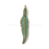 Tibetan Style Alloy Pendants, Feather, Golden & Green Patina, 31.5x6.5x4mm, Hole: 2mm(FIND-WH0114-53GGP)