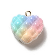 Rainbow Color Opaque Resin Pendants, Rhombus Heart Charms, with Golden Tone Iron Loops, Colorful, 21x20x10.5mm, Hole: 2mm(RESI-F035-01)