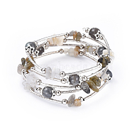 Five Loops Natural Labradorite & Moonstone Wrap Bracelets, with Brass Tube Beads, Iron Spacer Beads and Tibetan Style Alloy Bead Caps, 2-1/4 inch(5.6cm)(BJEW-JB04488-04)