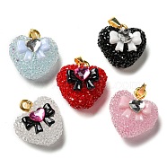 Druzy Resin Pendants, Heart with Bowknot Charms with Rhinestone and Rack Plating Golden Tone Brass Snap on Bails, Long-Lasting Plated, Cadmium Free & Lead Free, Mixed Color, 21x19.5x14.5mm, Hole: 3x6mm(RESI-G086-02G)